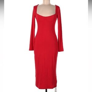 Red Square Neck Long Sleeve Midi Dress
